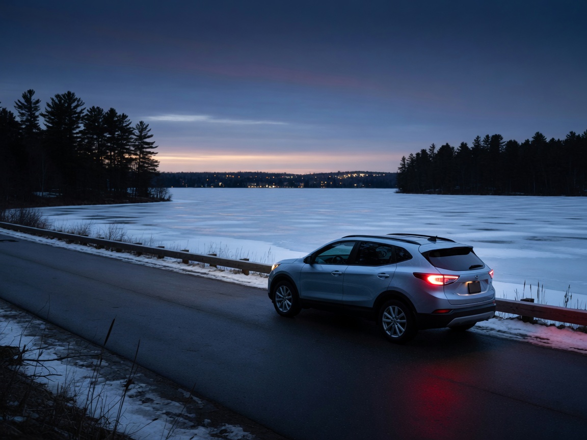 SUV on a Minnesota lakeside road at dusk
