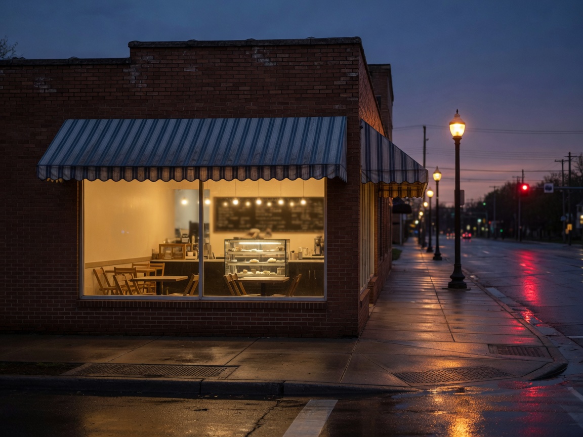 Neighborhood Minneapolis storefront at dusk
