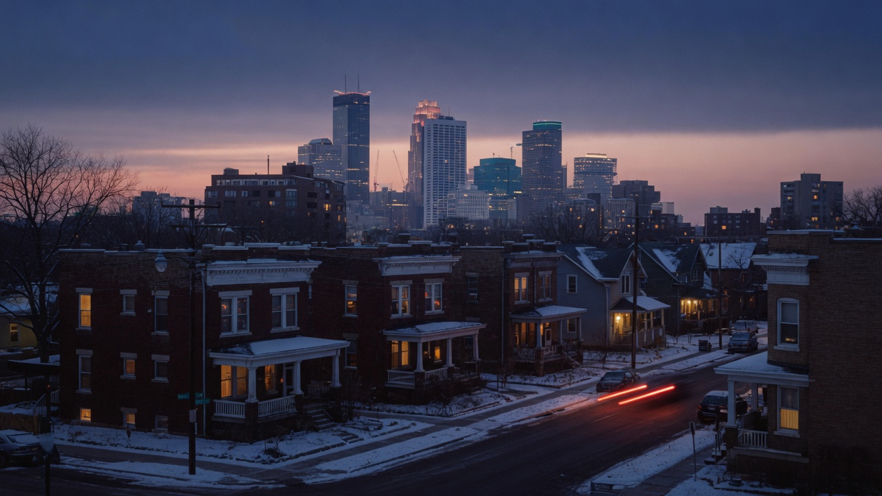 Minneapolis skyline at dusk above a snowy South Minneapolis street